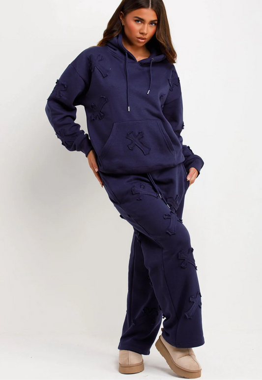 Cross Patch Hoodie And Joggers Tracksuit Lounge Set Navy