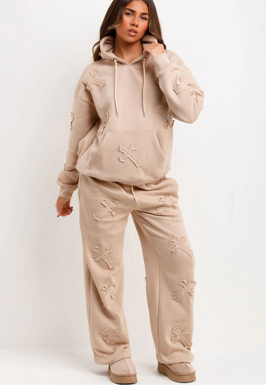 Cross Patch Hoodie And Joggers Tracksuit Lounge Set Beige