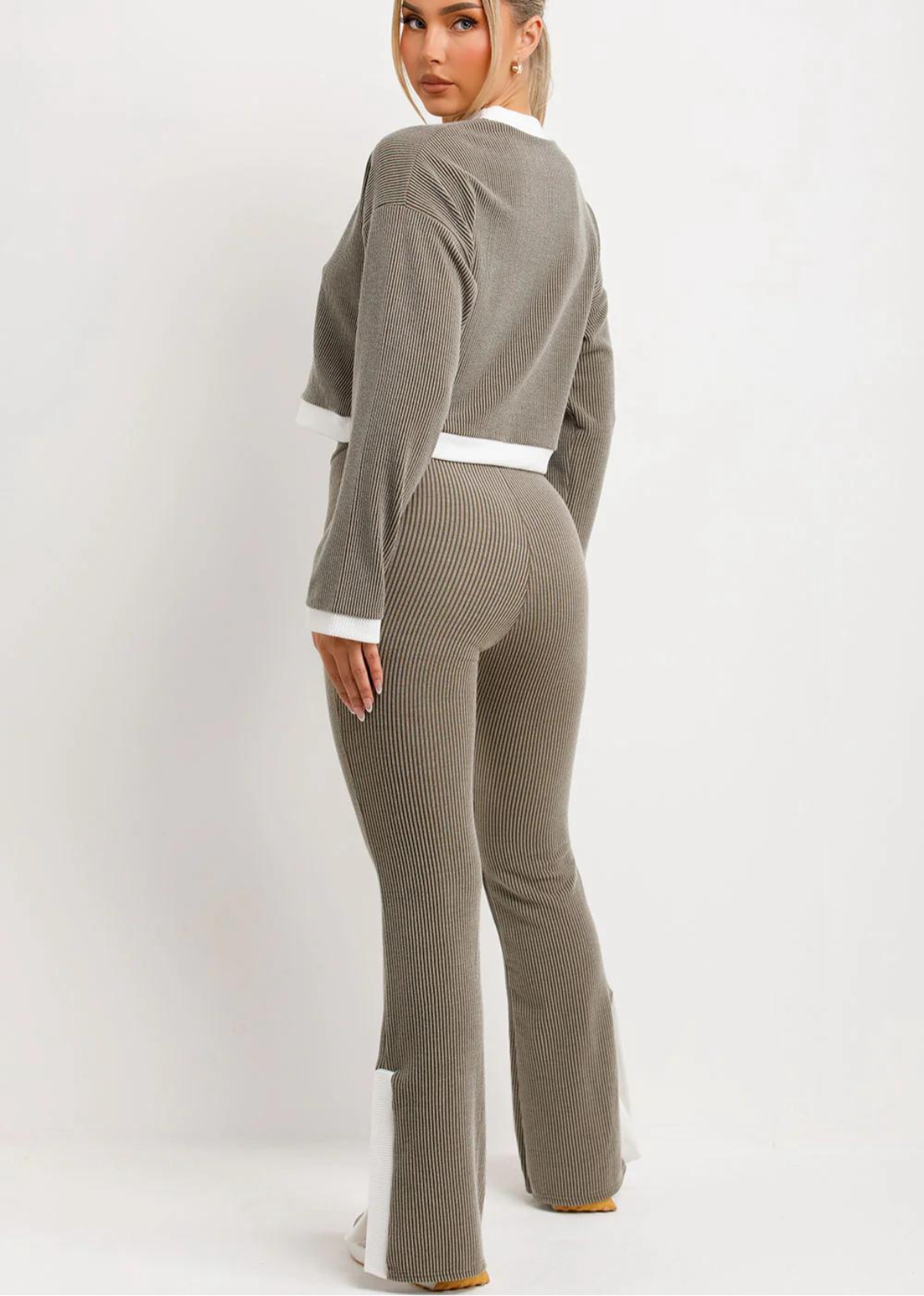 Jumper And Trousers Loungewear Set With Contrast Stripe Split Detail Khaki