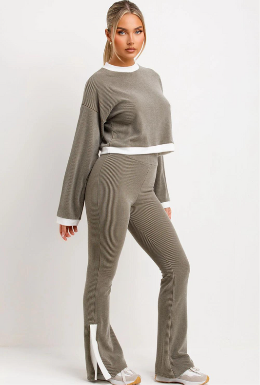 Jumper And Trousers Loungewear Set With Contrast Stripe Split Detail Khaki